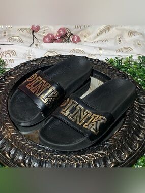 PINK Victoria's Secret Black Slide Sandals with Gold Logo